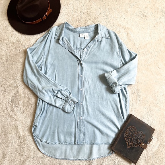 Tops - Faux Denim Button Down Shirt